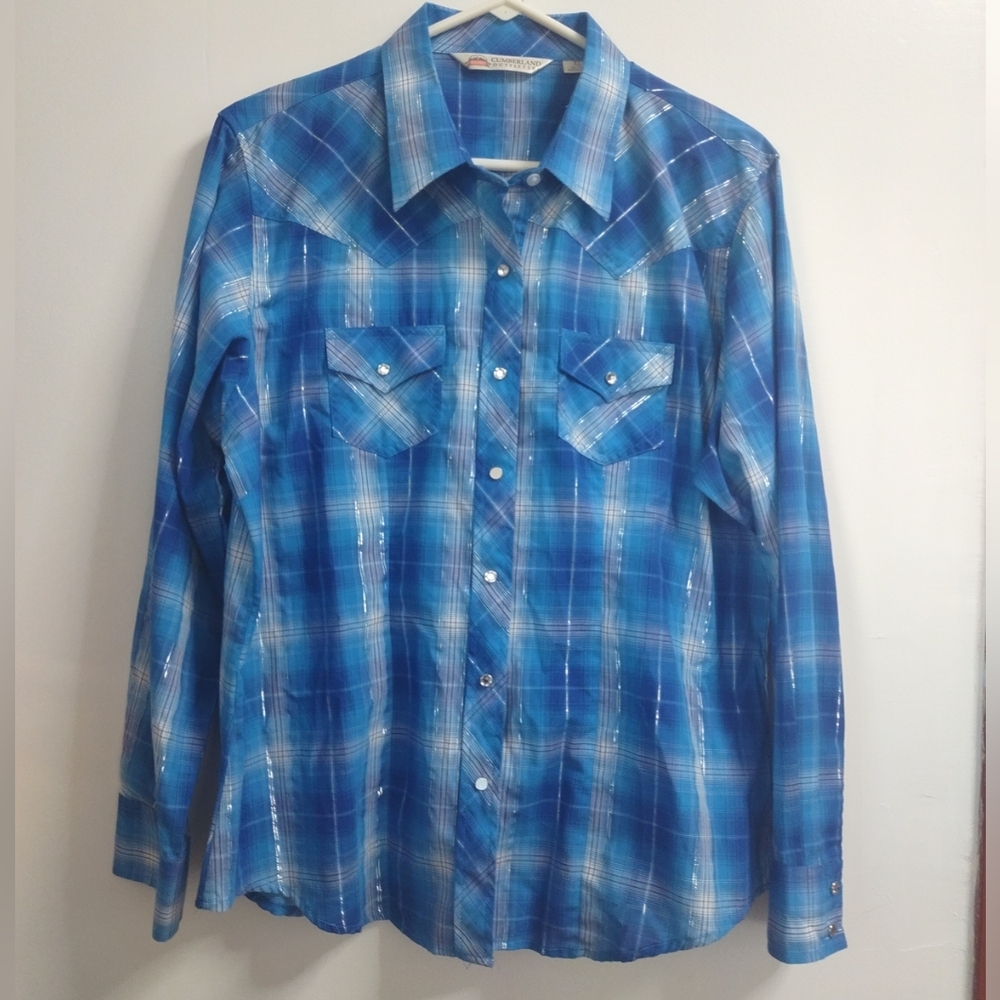Women's Cumberland Outfitter XL Blue Metalic Plaid Button-Up Western T-shirt